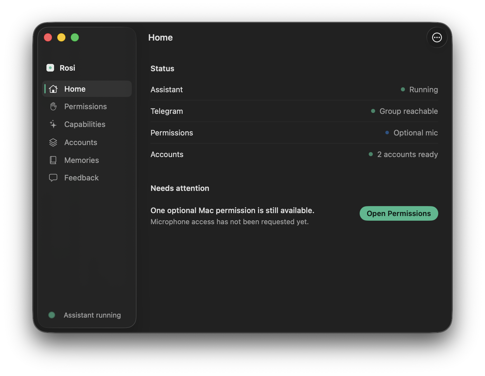Rosi for Mac — Home view showing assistant status, Telegram reachable, permissions, and connected accounts.